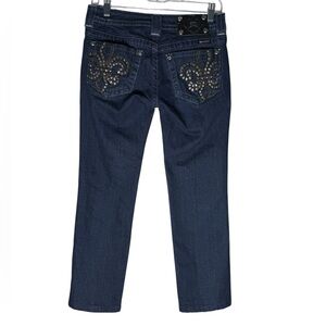 Miss Me Jeans Womens Sz 27 JP6048T3 Straight Studded Fleur De Lis Blue Denim